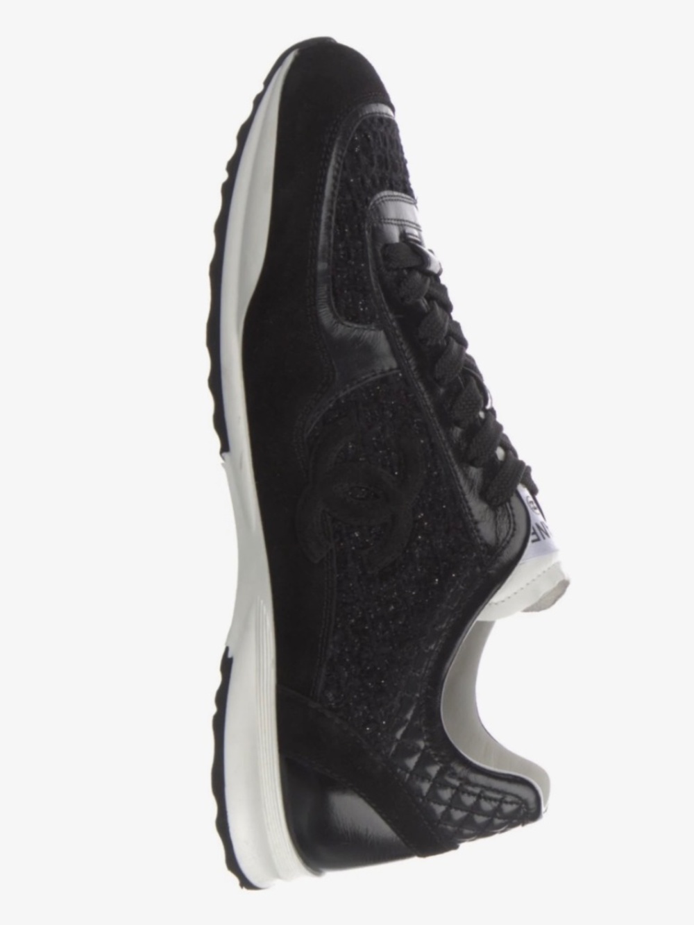 Chanel 2025 Interlocking CC Logo black & white Sneakers, tweed glitter, 37.5